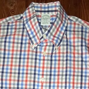 Brooks Brothers cotton, long sleeve button-down, gingham, blue gray orange